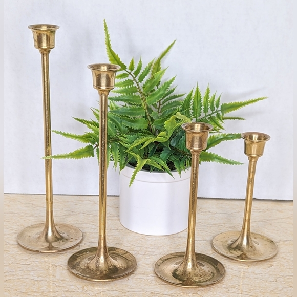 Vintage Other - Vintage Set Of 4 Brass Mid Century Modern Tapered Candle Stick Holders